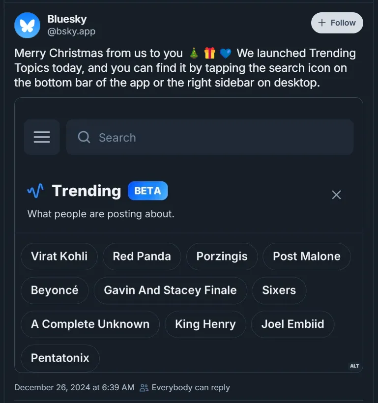 bluesky post on trending feature release