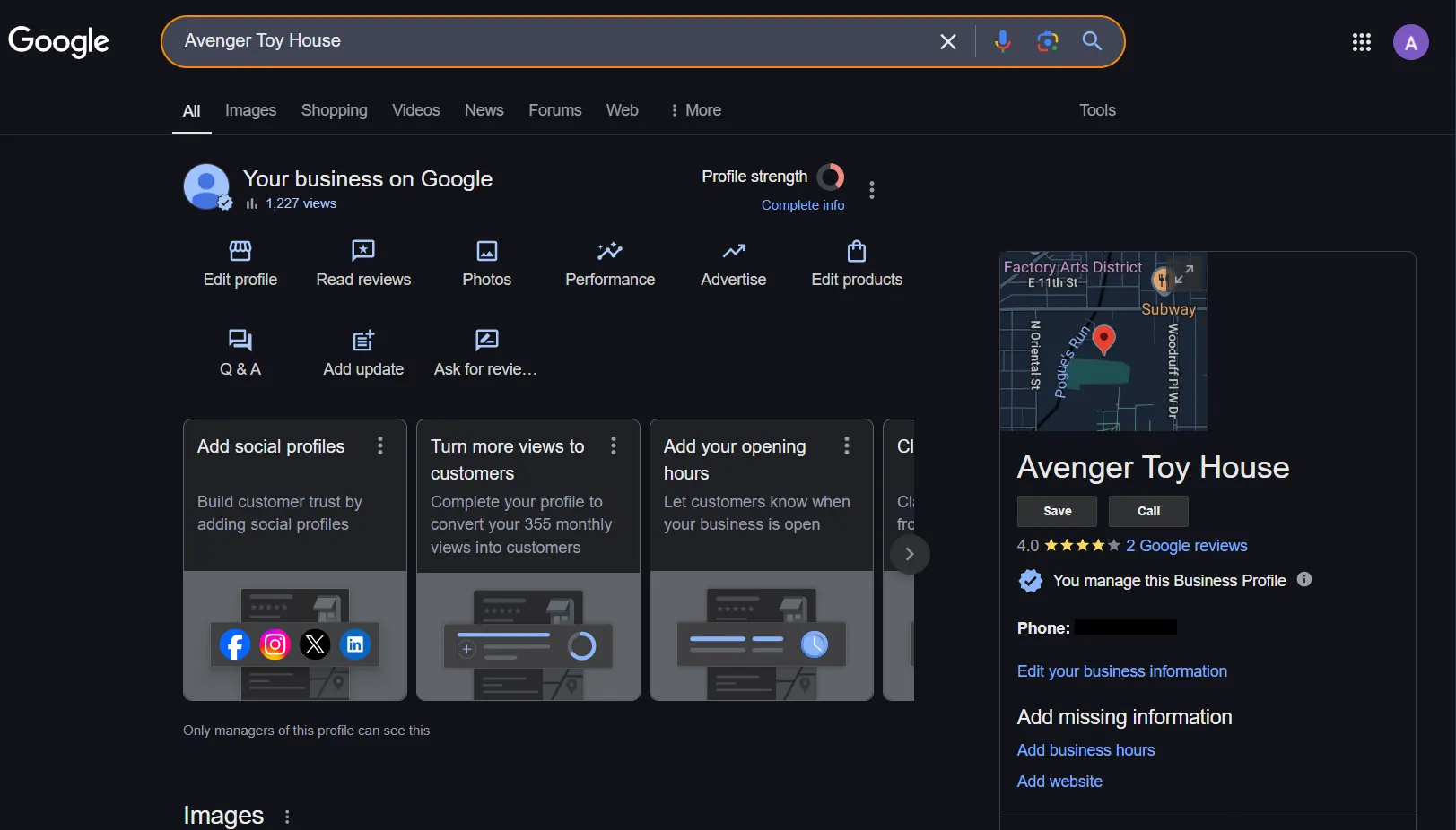 Google business profile on the right side of the search page
